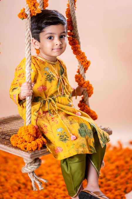 Shop_Rage Attire-Sweta Saria_Yellow Chanderi , Cotton, Lotus Pichwai Print Kurta With Dhoti Pant Set _Online_at_Aza_Fashions