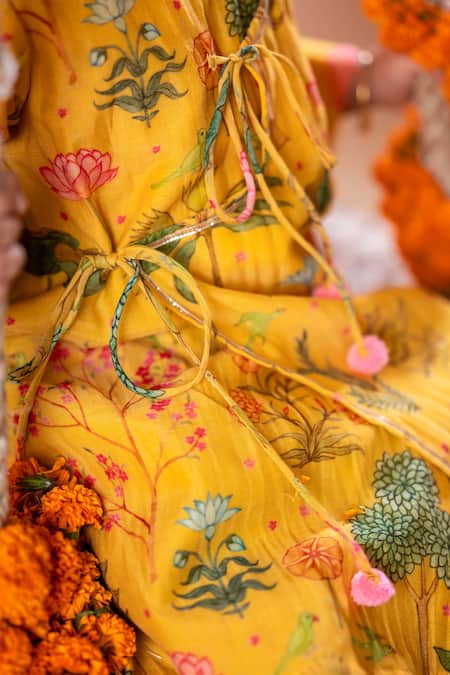 Rage Attire-Sweta Saria_Yellow Chanderi , Cotton, Lotus Pichwai Print Kurta With Dhoti Pant Set _at_Aza_Fashions