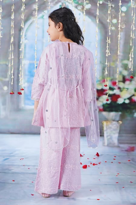 Shop Little Bansi Pink Cotton Sequins, Gota Patti, Embroidery Floral Kurta Palazzo Set at Aza Fashions Shop_Little Bansi_Pink Cotton Sequins, Gota Patti, Embroidery Floral Kurta Palazzo Set _at_Aza_Fashions