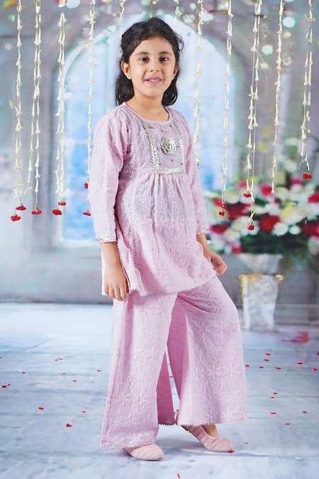 Buy Little Bansi Pink Cotton Sequins, Gota Patti, Embroidery Floral Kurta Palazzo Set Online at Aza Fashions Buy_Little Bansi_Pink Cotton Sequins, Gota Patti, Embroidery Floral Kurta Palazzo Set _Online_at_Aza_Fashions