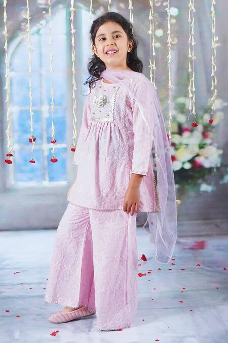Shop Little Bansi Pink Cotton Sequins, Gota Patti, Embroidery Floral Kurta Palazzo Set Online at Aza Fashions Shop_Little Bansi_Pink Cotton Sequins, Gota Patti, Embroidery Floral Kurta Palazzo Set _Online_at_Aza_Fashions