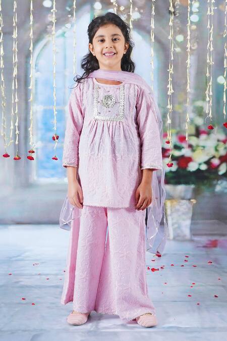 Buy Little Bansi Pink Cotton Sequins, Gota Patti, Embroidery Floral Kurta Palazzo Set Buy_Little Bansi_Pink Cotton Sequins, Gota Patti, Embroidery Floral Kurta Palazzo Set