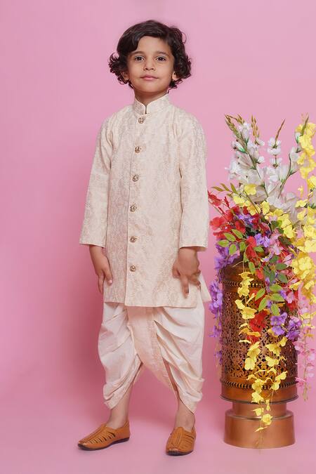 Little Bansi_Cream Jacquard, Cotton Brooches Ambi Embroidered Sherwani With Dhoti Pant_Online_at_Aza_Fashions