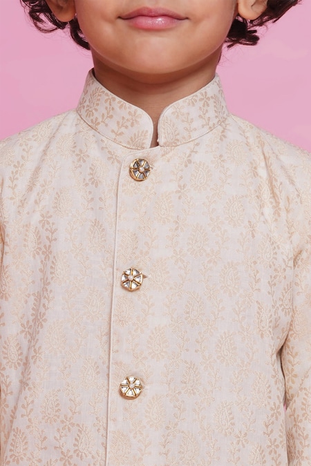 Buy_Little Bansi_Cream Jacquard, Cotton Brooches Ambi Embroidered Sherwani With Dhoti Pant_Online_at_Aza_Fashions