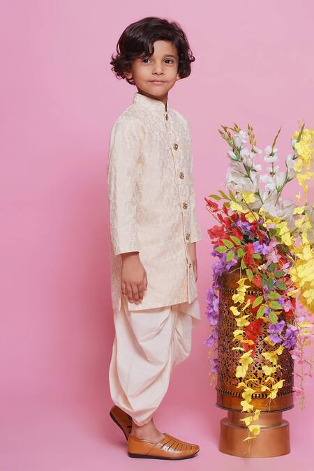 Shop_Little Bansi_Cream Jacquard, Cotton Brooches Ambi Embroidered Sherwani With Dhoti Pant_Online_at_Aza_Fashions