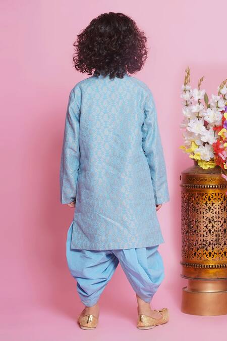Shop_Little Bansi_Blue Jacquard, Cotton Embroidery Sherwani With Dhoti Pant_at_Aza_Fashions