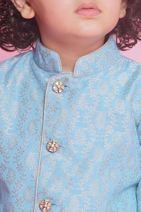 Little Bansi_Blue Jacquard, Cotton Embroidery Sherwani With Dhoti Pant_Online_at_Aza_Fashions