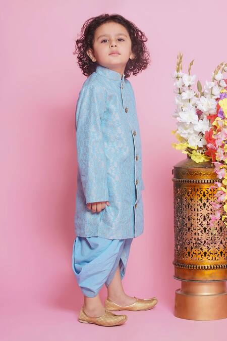Buy_Little Bansi_Blue Jacquard, Cotton Embroidery Sherwani With Dhoti Pant_Online_at_Aza_Fashions