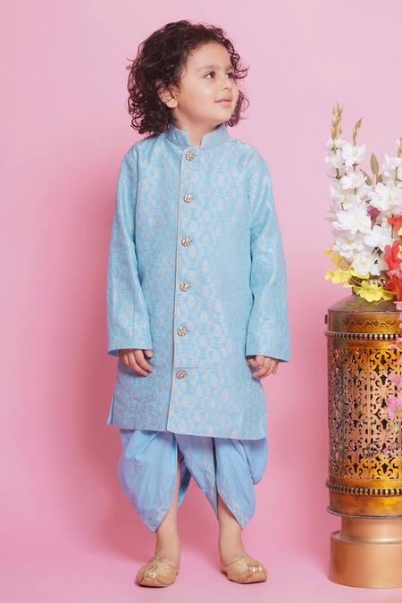 Little Bansi_Blue Jacquard, Cotton Embroidery Sherwani With Dhoti Pant_at_Aza_Fashions