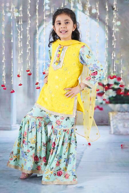 Little Bansi_Yellow Cotton Embroidery, Sequins, Lace Floral Kurta Sharara Set _Online_at_Aza_Fashions