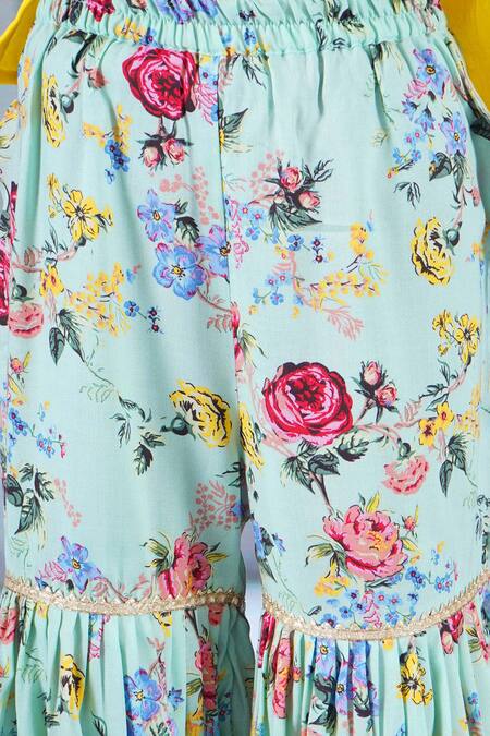 Buy_Little Bansi_Yellow Cotton Embroidery, Sequins, Lace Floral Kurta Sharara Set _Online_at_Aza_Fashions