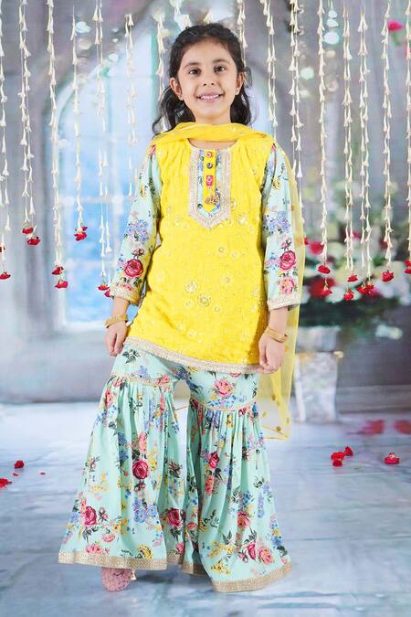 Shop_Little Bansi_Yellow Cotton Embroidery, Sequins, Lace Floral Kurta Sharara Set _Online_at_Aza_Fashions