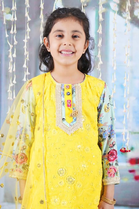 Little Bansi_Yellow Cotton Embroidery, Sequins, Lace Floral Kurta Sharara Set _at_Aza_Fashions