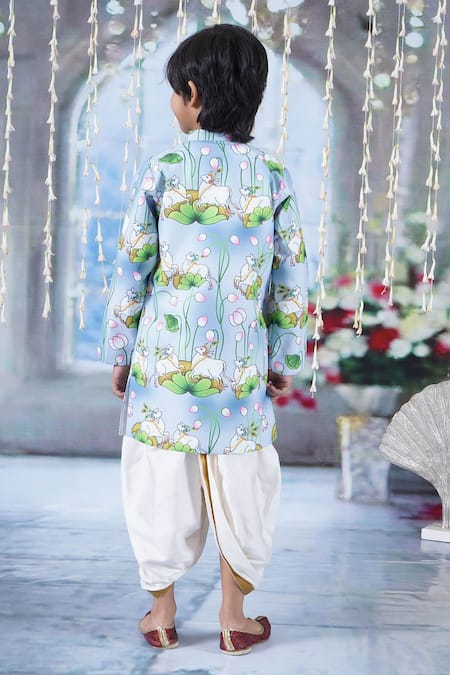 Shop Little Bansi Blue Cotton Lace Kaam Dhenu Cow Print Sherwani With Dhoti at Aza Fashions Shop_Little Bansi_Blue Cotton Lace Kaam Dhenu Cow Print Sherwani With Dhoti _at_Aza_Fashions
