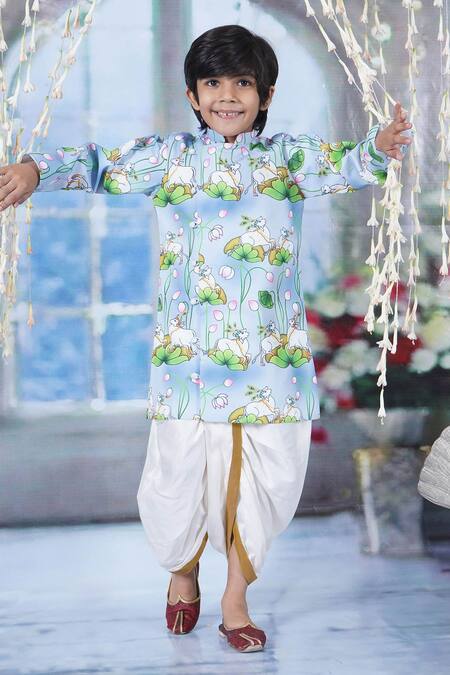 Buy Little Bansi Blue Cotton Lace Kaam Dhenu Cow Print Sherwani With Dhoti Online at Aza Fashions Buy_Little Bansi_Blue Cotton Lace Kaam Dhenu Cow Print Sherwani With Dhoti _Online_at_Aza_Fashions