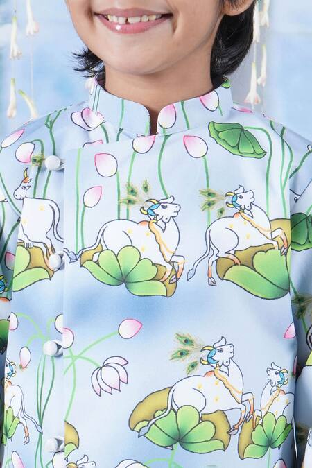 Shop Little Bansi Blue Cotton Lace Kaam Dhenu Cow Print Sherwani With Dhoti Online at Aza Fashions Shop_Little Bansi_Blue Cotton Lace Kaam Dhenu Cow Print Sherwani With Dhoti _Online_at_Aza_Fashions