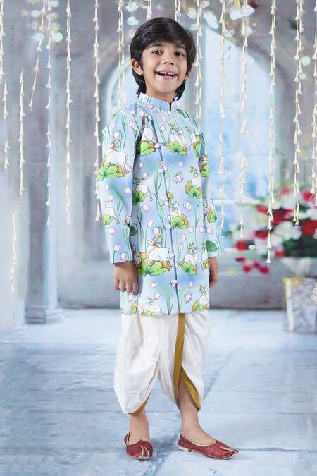 Little Bansi Blue Cotton Lace Kaam Dhenu Cow Print Sherwani With Dhoti at Aza Fashions Little Bansi_Blue Cotton Lace Kaam Dhenu Cow Print Sherwani With Dhoti _at_Aza_Fashions