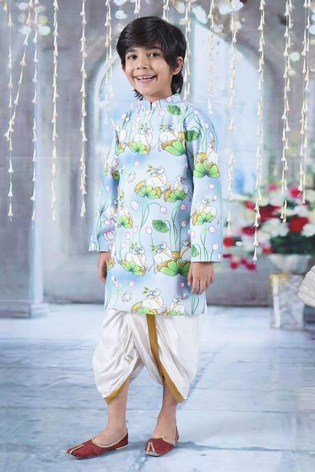 Buy Little Bansi Blue Cotton Lace Kaam Dhenu Cow Print Sherwani With Dhoti Buy_Little Bansi_Blue Cotton Lace Kaam Dhenu Cow Print Sherwani With Dhoti