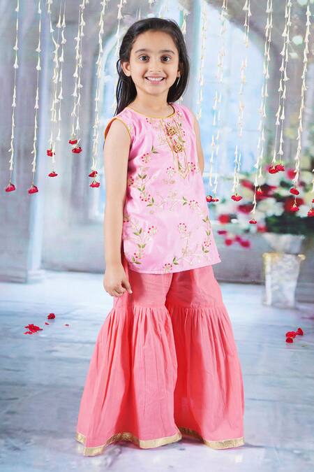 Little Bansi_Coral Cotton Beads, Embroidery Flora Kurta Sharara Set _Online_at_Aza_Fashions