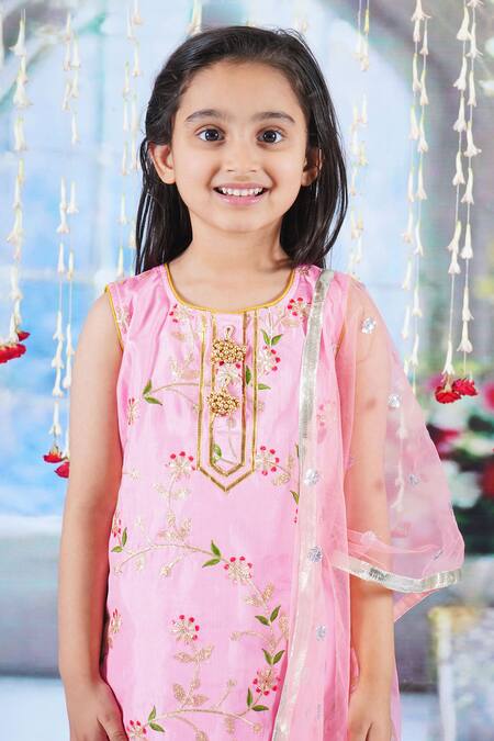 Buy_Little Bansi_Coral Cotton Beads, Embroidery Flora Kurta Sharara Set 