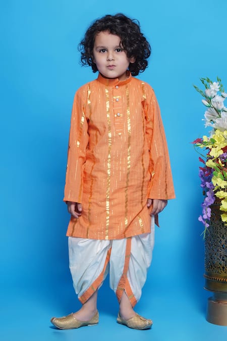 Little Bansi Orange Cotton Woven Stripped Kurta With Dhoti Pant 