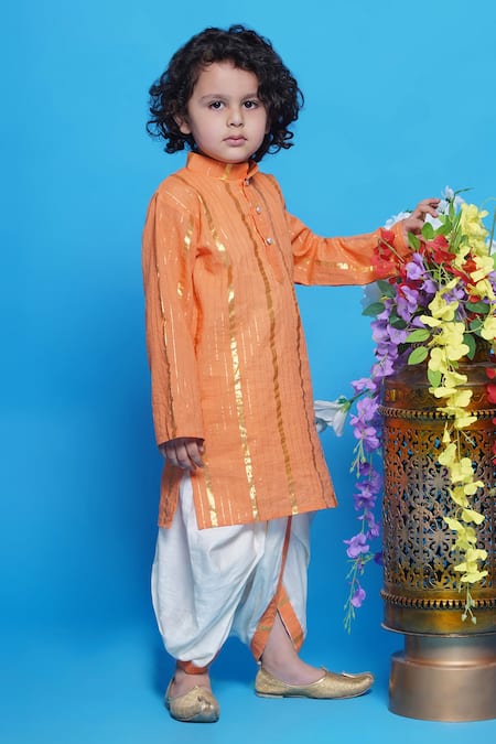 Shop_Little Bansi_Orange Cotton Stripped Kurta With Dhoti Pant _Online_at_Aza_Fashions