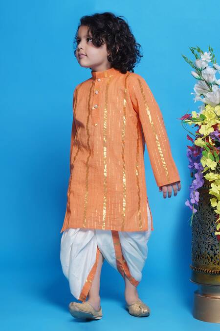 Little Bansi_Orange Cotton Stripped Kurta With Dhoti Pant _at_Aza_Fashions