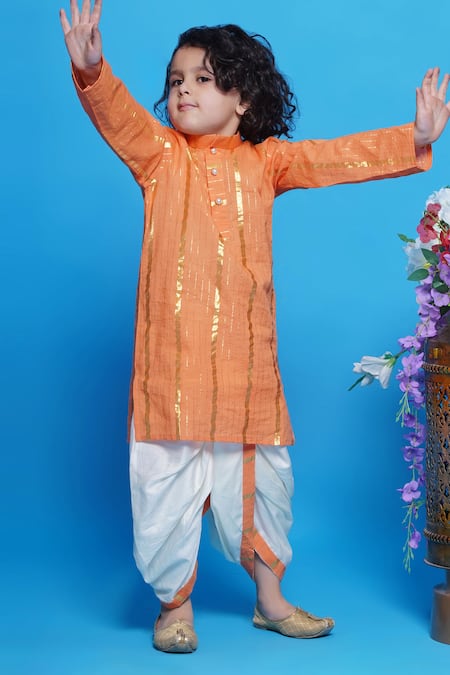 Buy_Little Bansi_Orange Cotton Stripped Kurta With Dhoti Pant 