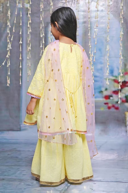 Shop Little Bansi Yellow Cotton Sequins Kantha Embroidered Kurta Sharara Set at Aza Fashions Shop_Little Bansi_Yellow Cotton Sequins Kantha Embroidered Kurta Sharara Set _at_Aza_Fashions