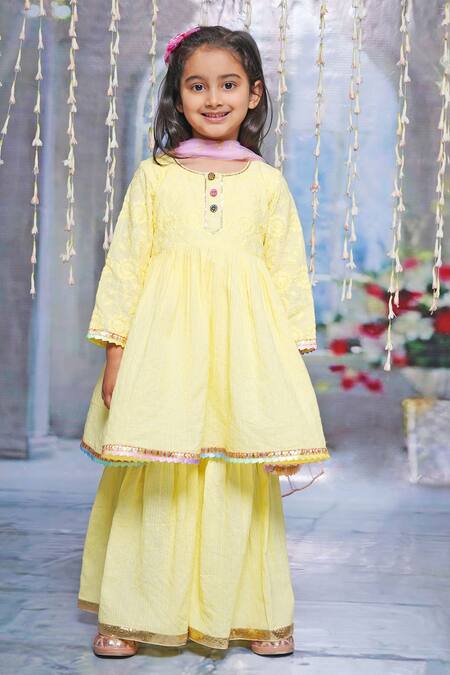 Buy Little Bansi Yellow Cotton Sequins Kantha Embroidered Kurta Sharara Set Online at Aza Fashions Buy_Little Bansi_Yellow Cotton Sequins Kantha Embroidered Kurta Sharara Set _Online_at_Aza_Fashions