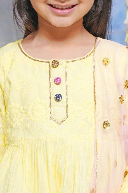 Shop Little Bansi Yellow Cotton Sequins Kantha Embroidered Kurta Sharara Set Online at Aza Fashions Shop_Little Bansi_Yellow Cotton Sequins Kantha Embroidered Kurta Sharara Set _Online_at_Aza_Fashions