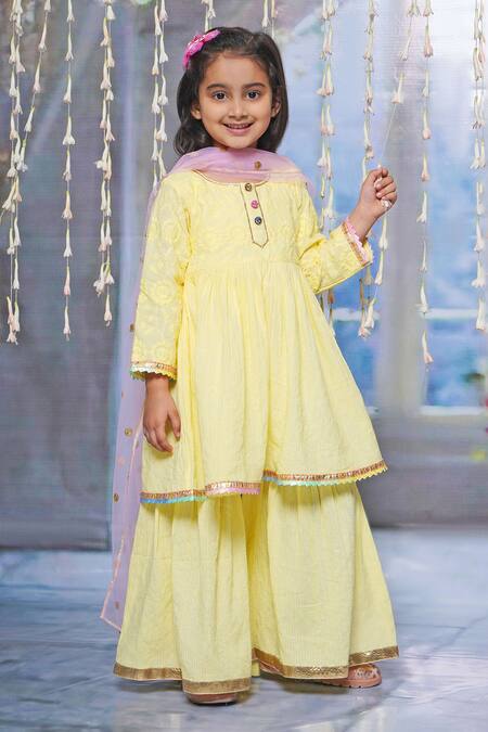 Little Bansi Yellow Cotton Sequins Kantha Embroidered Kurta Sharara Set at Aza Fashions Little Bansi_Yellow Cotton Sequins Kantha Embroidered Kurta Sharara Set _at_Aza_Fashions