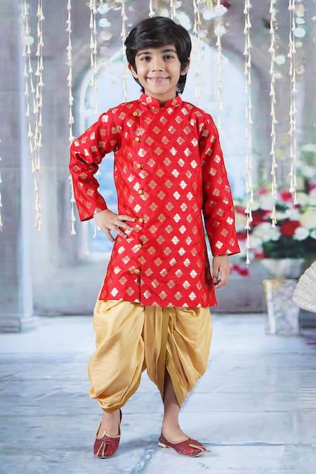 Little Bansi Red Cotton Woven Floral Print Sherwani With Dhoti Pant 