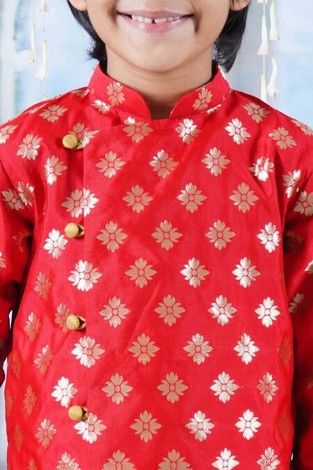 Little Bansi Red Cotton Embroidery Floral Print Woven Sherwani With Dhoti Pant Online at Aza Fashions Little Bansi_Red Cotton Embroidery Floral Print Woven Sherwani With Dhoti Pant _Online_at_Aza_Fashions