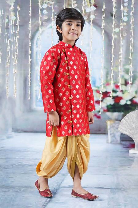 Buy Little Bansi Red Cotton Embroidery Floral Print Woven Sherwani With Dhoti Pant Online at Aza Fashions Buy_Little Bansi_Red Cotton Embroidery Floral Print Woven Sherwani With Dhoti Pant _Online_at_Aza_Fashions