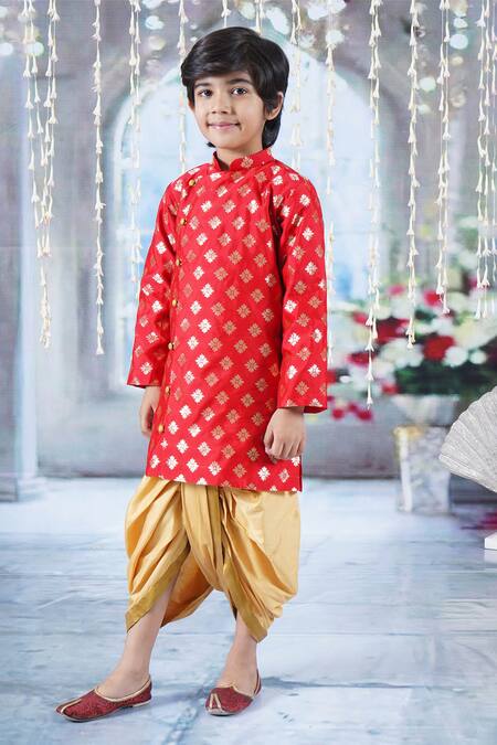 Shop Little Bansi Red Cotton Embroidery Floral Print Woven Sherwani With Dhoti Pant Online at Aza Fashions Shop_Little Bansi_Red Cotton Embroidery Floral Print Woven Sherwani With Dhoti Pant _Online_at_Aza_Fashions