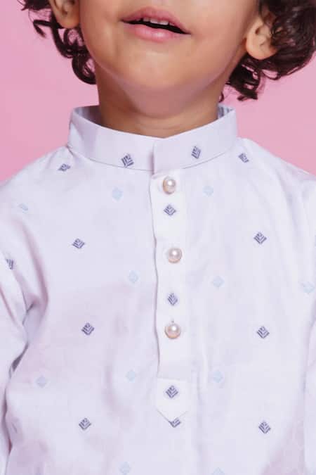 Little Bansi_White Cotton Pearls, Embroidery Leaf Thread Work Kurta With Pyjama _Online_at_Aza_Fashions