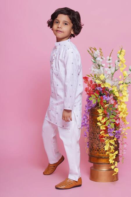 Shop_Little Bansi_White Cotton Pearls, Embroidery Leaf Thread Work Kurta With Pyjama _Online_at_Aza_Fashions