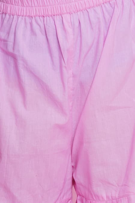 Little Bansi_Pink Cotton, Chiffon Embroidery, Sequins Floral Garden Print Kurta Sharara Set _Online_at_Aza_Fashions