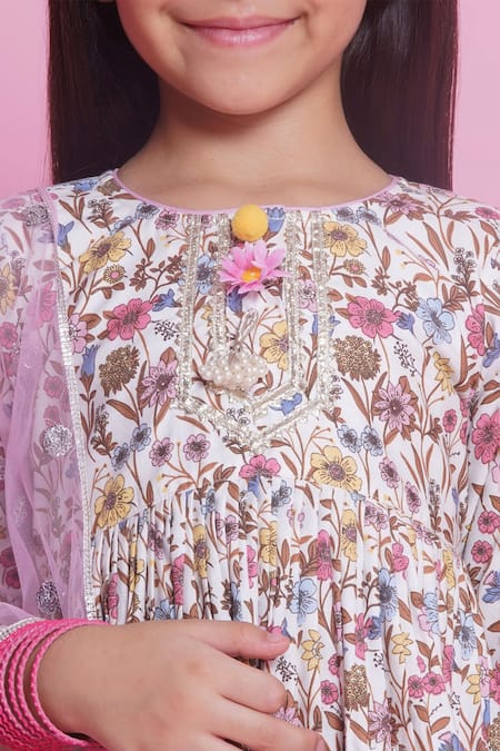 Buy_Little Bansi_Pink Cotton, Chiffon Embroidery, Sequins Floral Garden Print Kurta Sharara Set _Online_at_Aza_Fashions