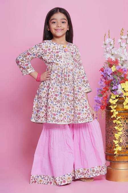 Shop_Little Bansi_Pink Cotton, Chiffon Embroidery, Sequins Floral Garden Print Kurta Sharara Set _Online_at_Aza_Fashions