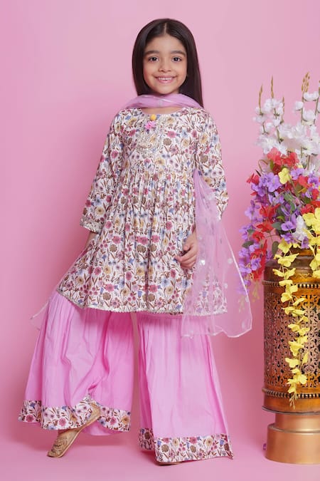 Little Bansi_Pink Cotton, Chiffon Embroidery, Sequins Floral Garden Print Kurta Sharara Set _at_Aza_Fashions