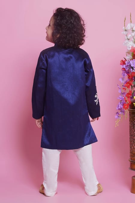 Shop Little Bansi Blue Cotton Embroidery Floral Sherwani With Pyjama at Aza Fashions Shop_Little Bansi_Blue Cotton Embroidery Floral Sherwani With Pyjama _at_Aza_Fashions