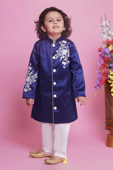 Little Bansi Blue Cotton Embroidery Floral Sherwani With Pyjama Online at Aza Fashions Little Bansi_Blue Cotton Embroidery Floral Sherwani With Pyjama _Online_at_Aza_Fashions