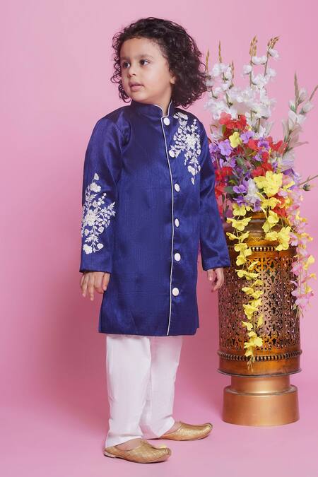 Shop Little Bansi Blue Cotton Embroidery Floral Sherwani With Pyjama Online at Aza Fashions Shop_Little Bansi_Blue Cotton Embroidery Floral Sherwani With Pyjama _Online_at_Aza_Fashions