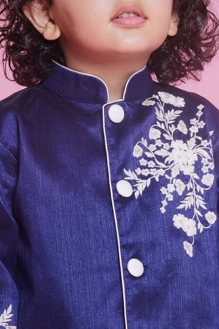 Little Bansi Blue Cotton Embroidery Floral Sherwani With Pyjama at Aza Fashions Little Bansi_Blue Cotton Embroidery Floral Sherwani With Pyjama _at_Aza_Fashions