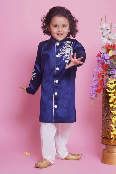Buy Little Bansi Blue Cotton Embroidery Floral Sherwani With Pyjama Buy_Little Bansi_Blue Cotton Embroidery Floral Sherwani With Pyjama