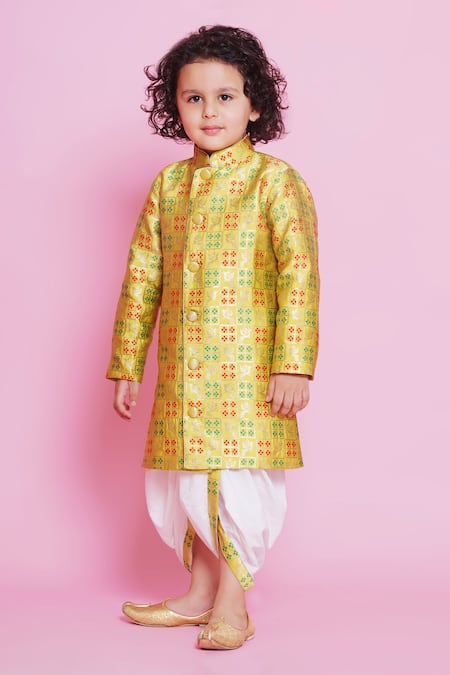 Little Bansi Green Sherwani Brocade Woven Flora And Fauna With Dhoti Pant 