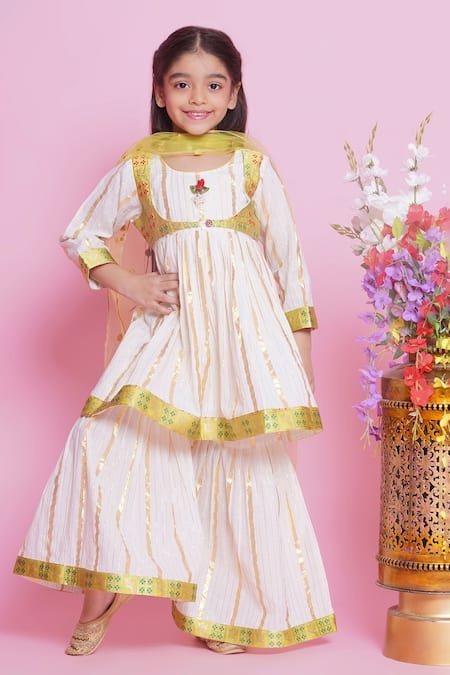 Little Bansi Cream Cotton Woven Flora And Fauna Kurta Sharara Set 