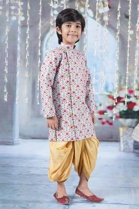 Buy Little Bansi Sky Blue , Satin, Silk Bageecha Angrakha Sherwani With Dhoti Pant Online at Aza Fashions Buy_Little Bansi_Sky Blue , Satin, Silk Bageecha Angrakha Sherwani With Dhoti Pant _Online_at_Aza_Fashions
